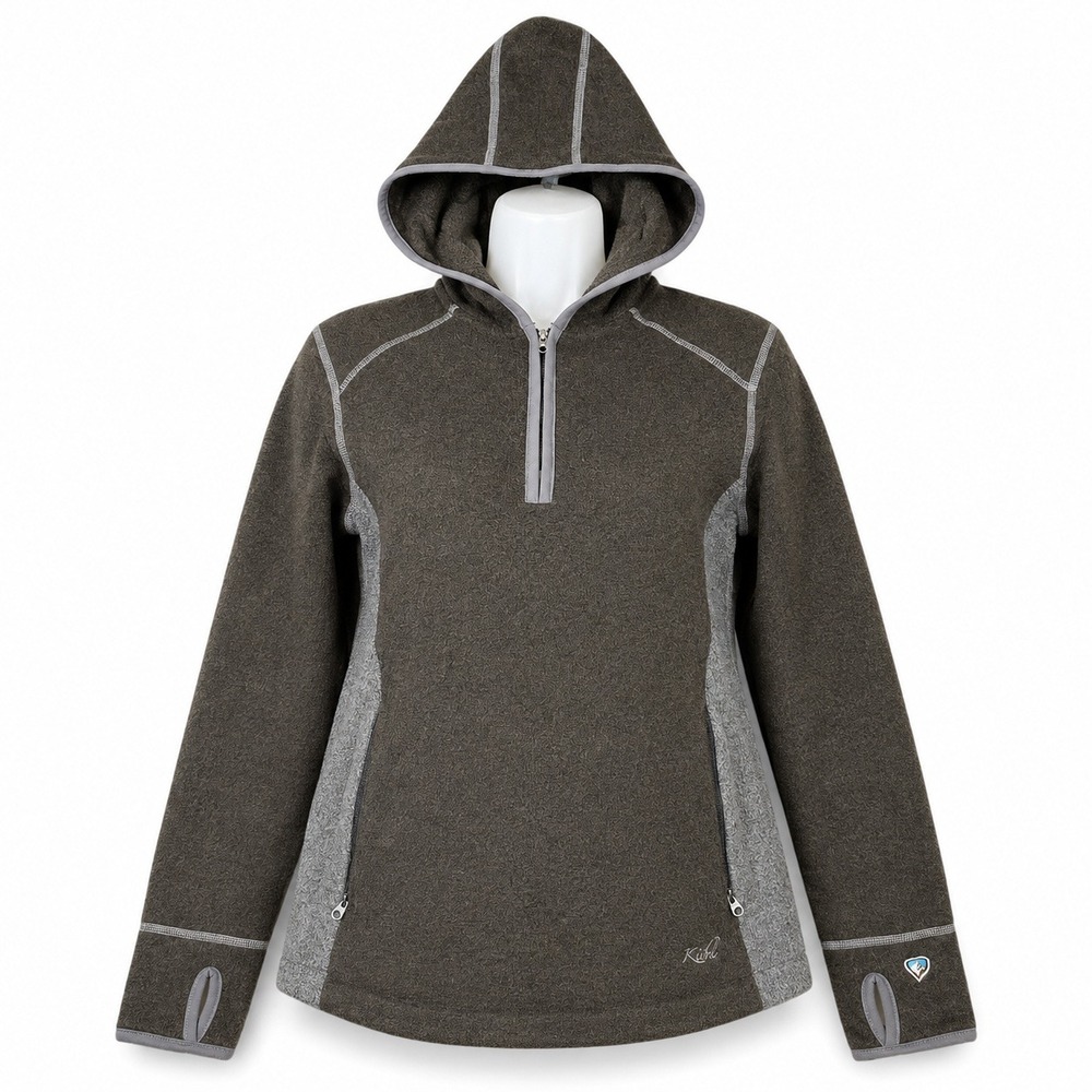 KUHL Alfpaca Fleece Hoodie Womens Small Olive Gray Quarter Zip Hiking Pullover